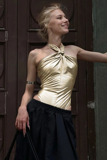 Twisted Knot Halter Neck Sleeveless Metallic Finish Bodysuit-Gold