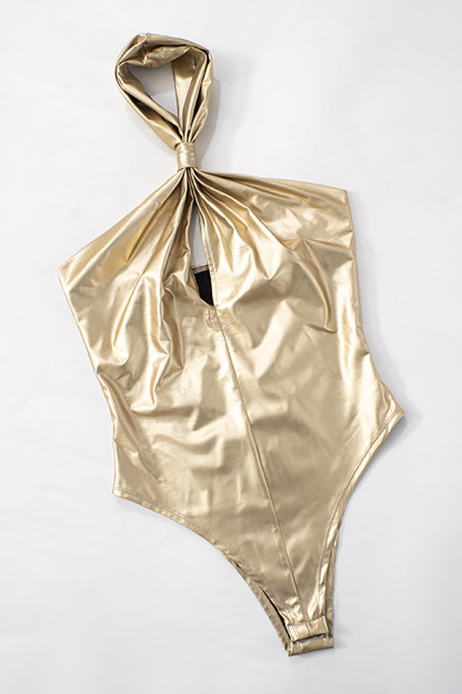 Twisted Knot Halter Neck Sleeveless Metallic Finish Bodysuit-Gold