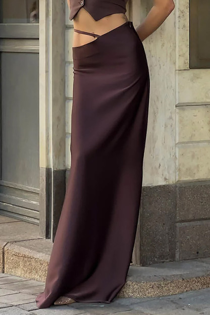 Waist Cutout Slim Fit Solid Color Maxi Skirt-White