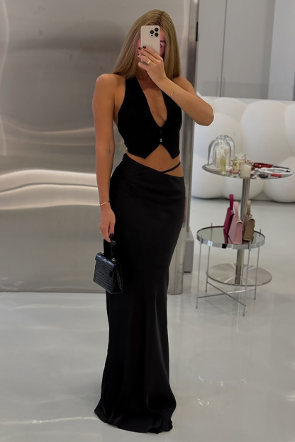 Waist Cutout Slim Fit Solid Color Maxi Skirt-White