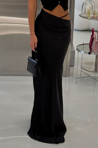Waist Cutout Slim Fit Solid Color Maxi Skirt-White