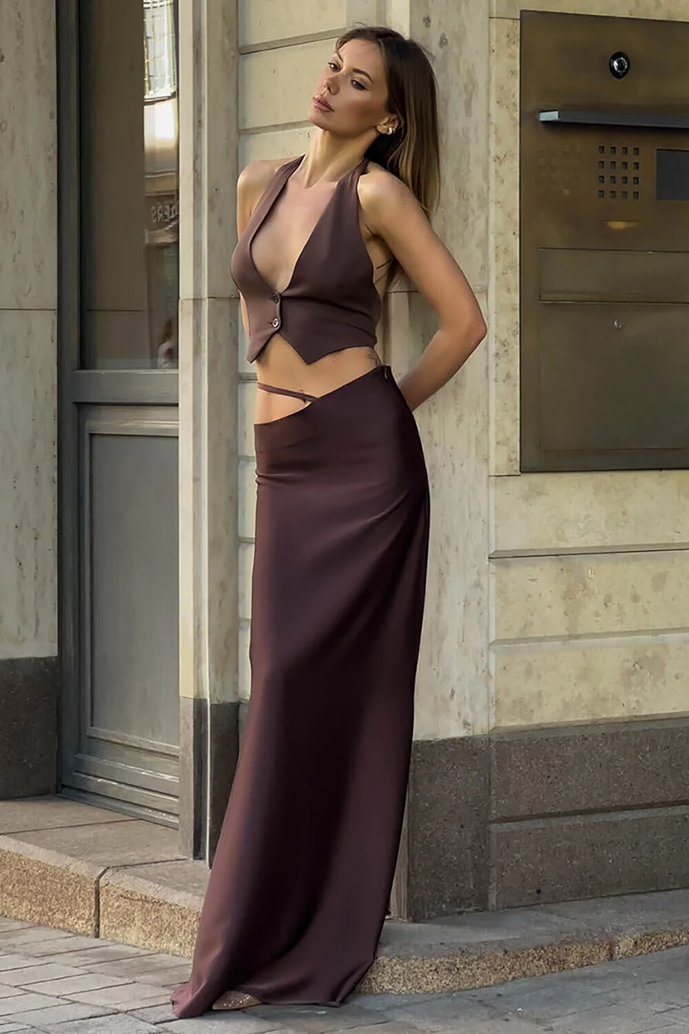 Waist Cutout Slim Fit Solid Color Maxi Skirt-White