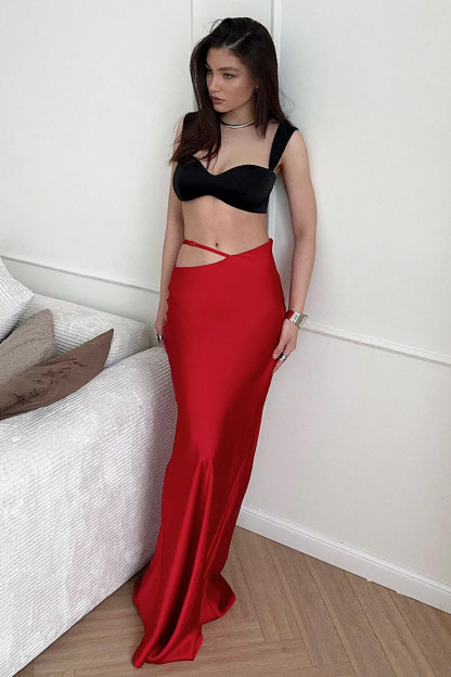 Waist Cutout Slim Fit Solid Color Maxi Skirt-White