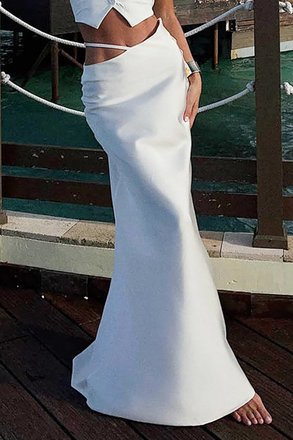 Waist Cutout Slim Fit Solid Color Maxi Skirt-White