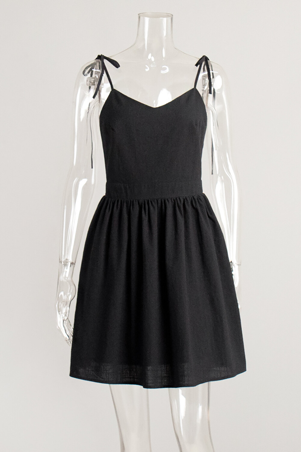 Tie Up Shoulder Straps V Neck Open Back Plain A-Line Mini Dresses-Black