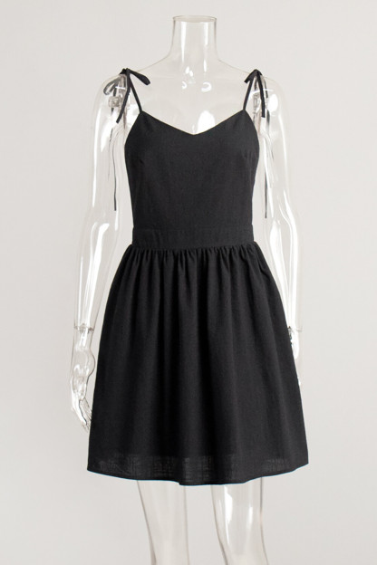 Tie Up Shoulder Straps V Neck Open Back Plain A-Line Mini Dresses-Black