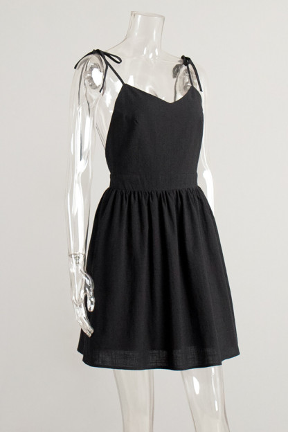Tie Up Shoulder Straps V Neck Open Back Plain A-Line Mini Dresses-Black
