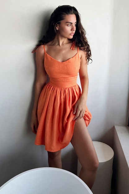 Tie Up Shoulder Straps V Neck Open Back Plain A-Line Mini Dresses-Black