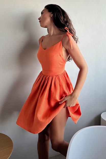 Tie Up Shoulder Straps V Neck Open Back Plain A-Line Mini Dresses-Black