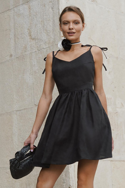 Tie Up Shoulder Straps V Neck Open Back Plain A-Line Mini Dresses-Black