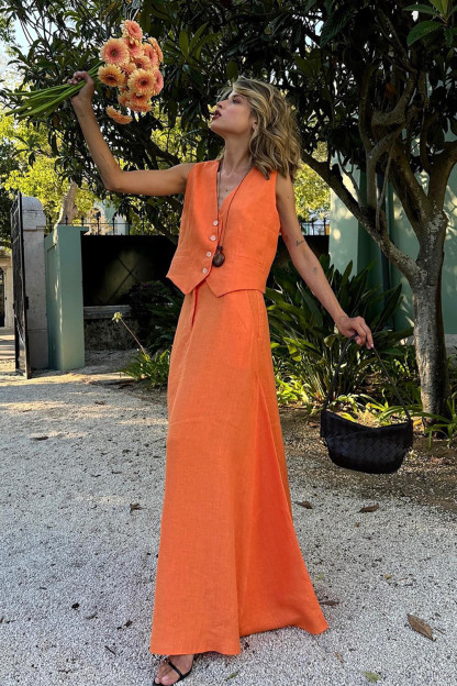 V Neck Button Up Vest Solid Color Maxi Skirt Casual 2pcs Set-Orange