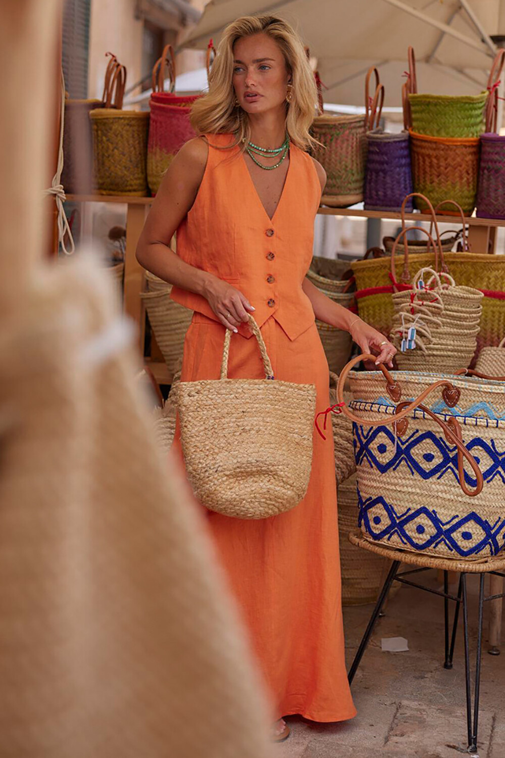V Neck Button Up Vest Solid Color Maxi Skirt Casual 2pcs Set-Orange