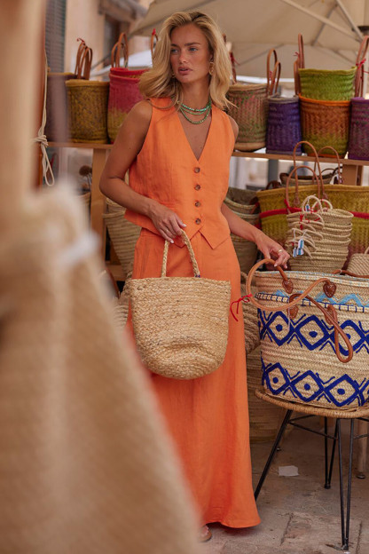 V Neck Button Up Vest Solid Color Maxi Skirt Casual 2pcs Set-Orange