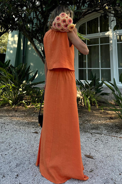 V Neck Button Up Vest Solid Color Maxi Skirt Casual 2pcs Set-Orange