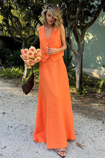V Neck Button Up Vest Solid Color Maxi Skirt Casual 2pcs Set-Orange