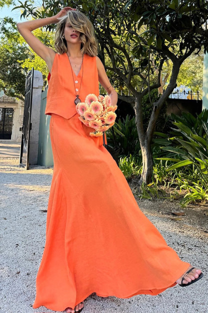 V Neck Button Up Vest Solid Color Maxi Skirt Casual 2pcs Set-Orange