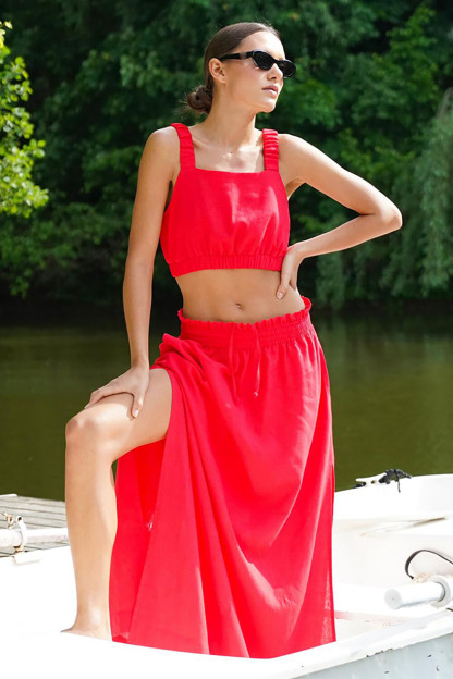 Solid Color Crop Cami Side Slit Maxi Skirt Matching Set-White