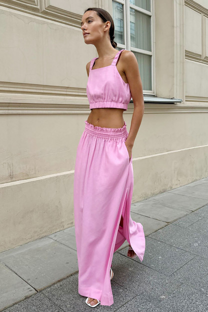 Solid Color Crop Cami Side Slit Maxi Skirt Matching Set-White