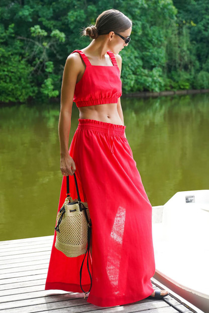 Solid Color Crop Cami Side Slit Maxi Skirt Matching Set-White