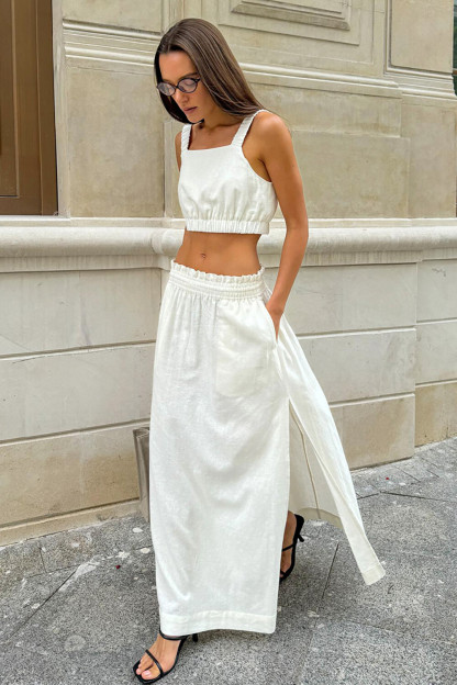 Solid Color Crop Cami Side Slit Maxi Skirt Matching Set-White