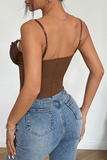 Frilled Mesh Lace Patchwork Single-Breasted Cami Corset-Red