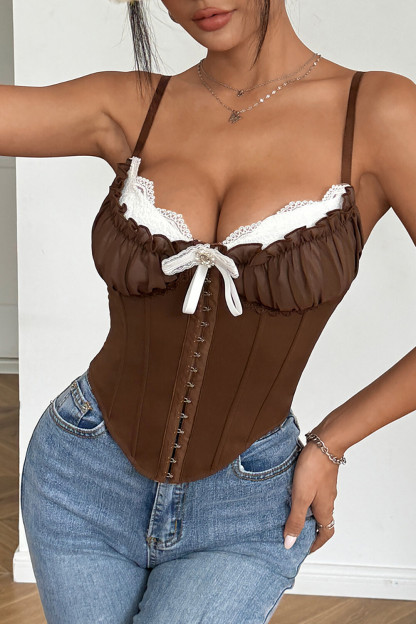Frilled Mesh Lace Patchwork Single-Breasted Cami Corset-Red