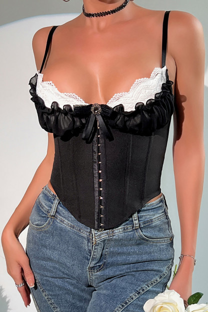 Frilled Mesh Lace Patchwork Single-Breasted Cami Corset-Red