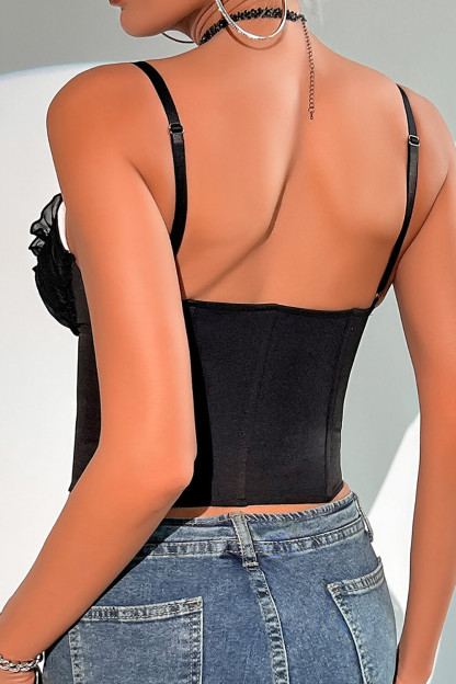 Frilled Mesh Lace Patchwork Single-Breasted Cami Corset-Red