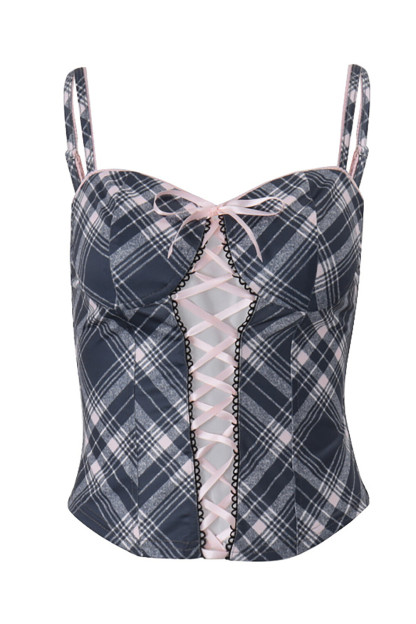 Front Lace Up Plaid Print Sweetheart Neckline Crop Cami-Grey