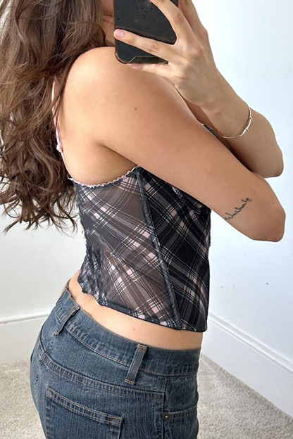 Front Lace Up Plaid Print Sweetheart Neckline Crop Cami-Grey