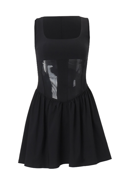 Mesh Patchwork Cinch Waist Pleated Hem Mini Tank Dresses-Black