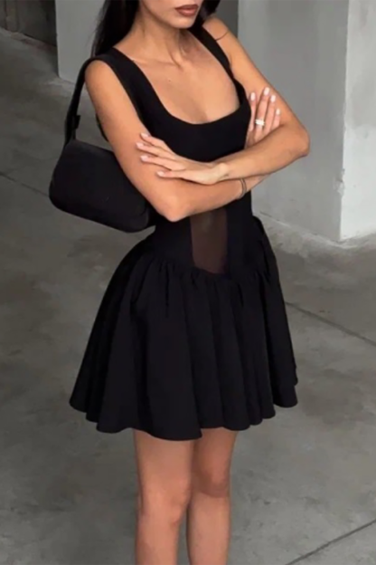 Mesh Patchwork Cinch Waist Pleated Hem Mini Tank Dresses-Black