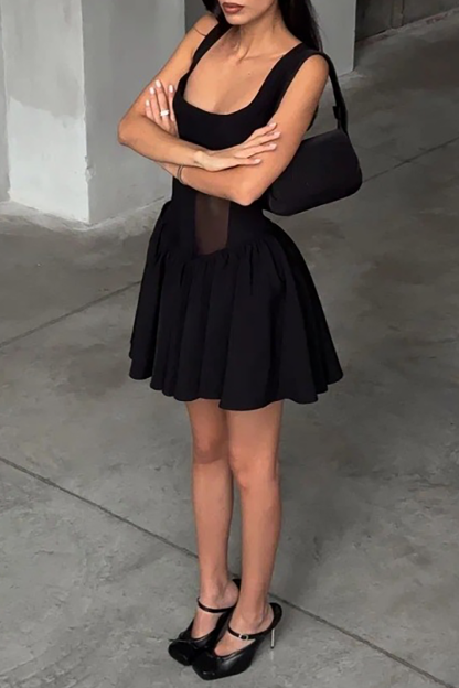 Mesh Patchwork Cinch Waist Pleated Hem Mini Tank Dresses-Black
