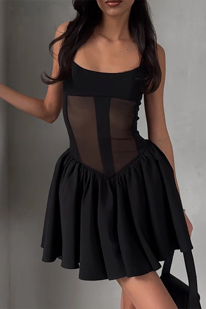 Mesh Patchwork Cinch Waist Pleated Hem Mini Tank Dresses-Black