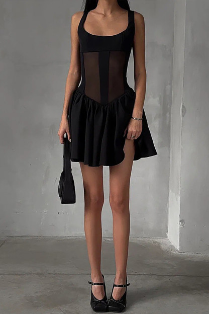 Mesh Patchwork Cinch Waist Pleated Hem Mini Tank Dresses-Black