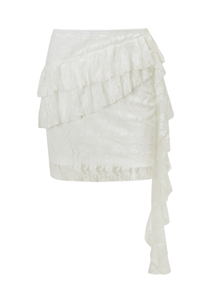 Jacquard Lace Cami Bodysuit Ruffled Sash Mini Skirt 2pcs Set-Black