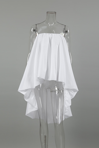 Boat Neck Strapless Loose Fit Puffy High-Low Solid Color Top-White