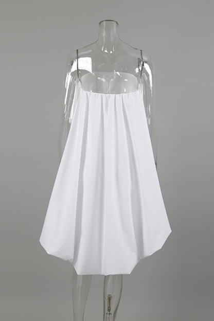 Boat Neck Strapless Loose Fit Puffy High-Low Solid Color Top-White