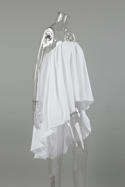 Boat Neck Strapless Loose Fit Puffy High-Low Solid Color Top-White