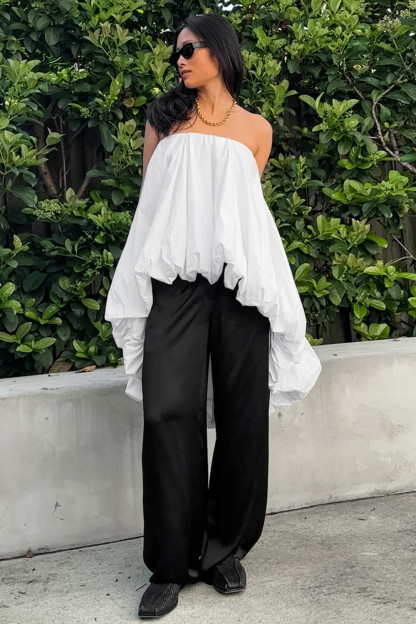 Boat Neck Strapless Loose Fit Puffy High-Low Solid Color Top-White