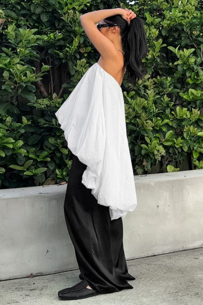 Boat Neck Strapless Loose Fit Puffy High-Low Solid Color Top-White