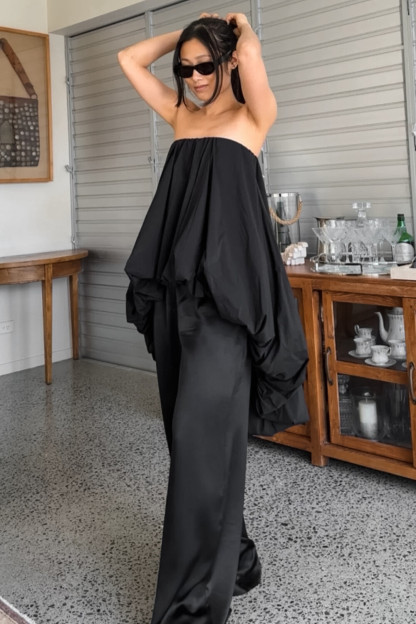 Boat Neck Strapless Loose Fit Puffy High-Low Solid Color Top-White