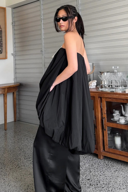 Boat Neck Strapless Loose Fit Puffy High-Low Solid Color Top-White