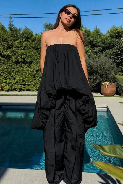 Boat Neck Strapless Loose Fit Puffy High-Low Solid Color Top-White