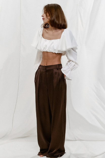 Ruffled Flare Sleeve Square Neck Solid Color Crop Top-White