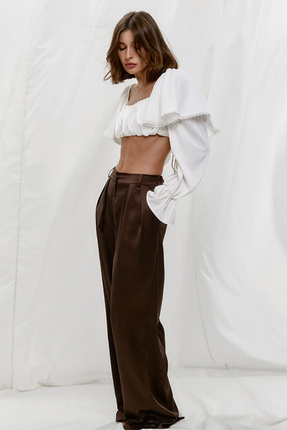 Ruffled Flare Sleeve Square Neck Solid Color Crop Top-White