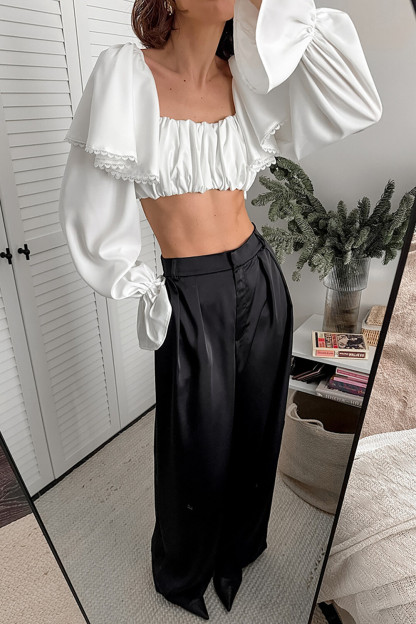 Ruffled Flare Sleeve Square Neck Solid Color Crop Top-White