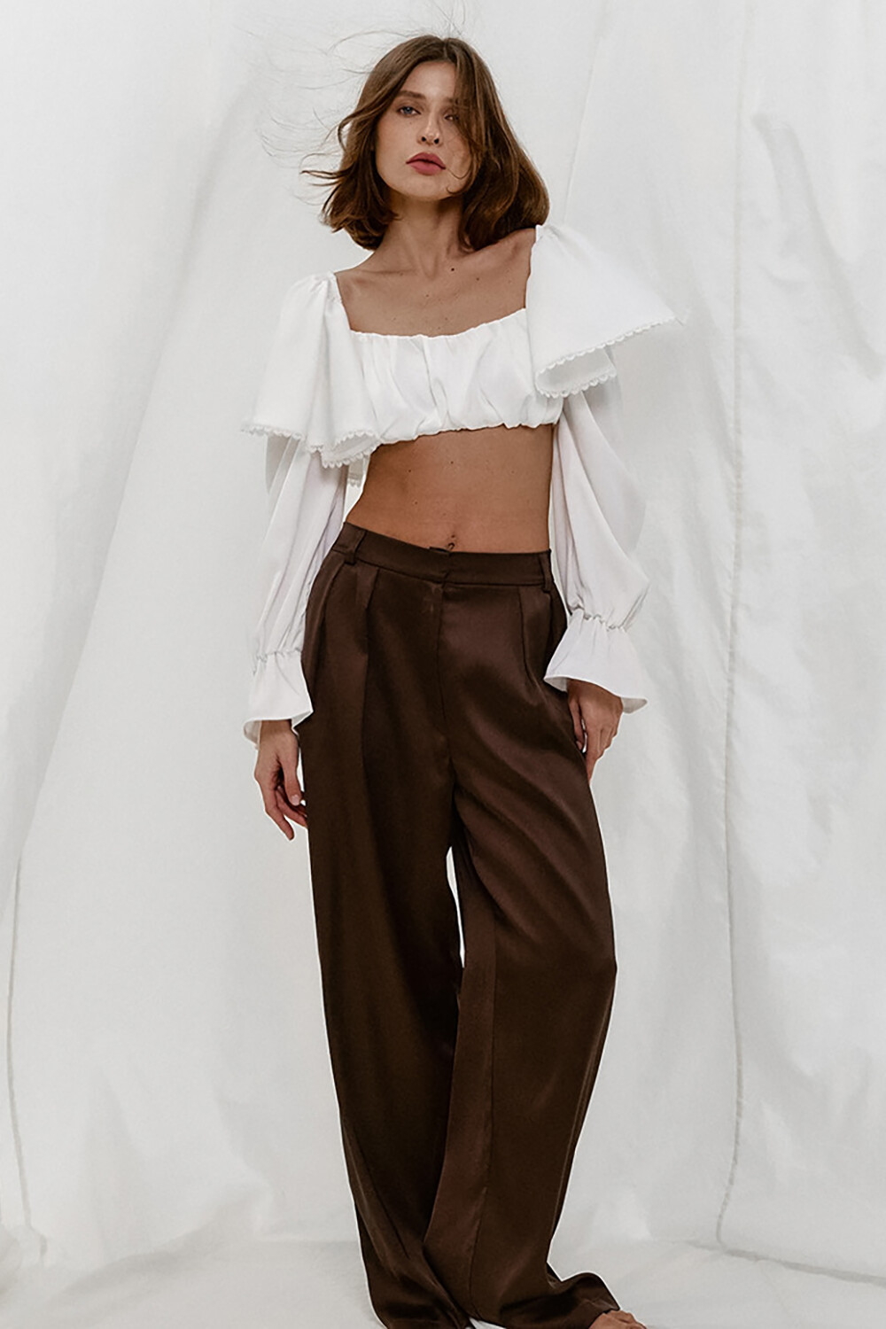 Ruffled Flare Sleeve Square Neck Solid Color Crop Top-White