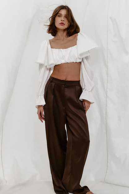 Ruffled Flare Sleeve Square Neck Solid Color Crop Top-White