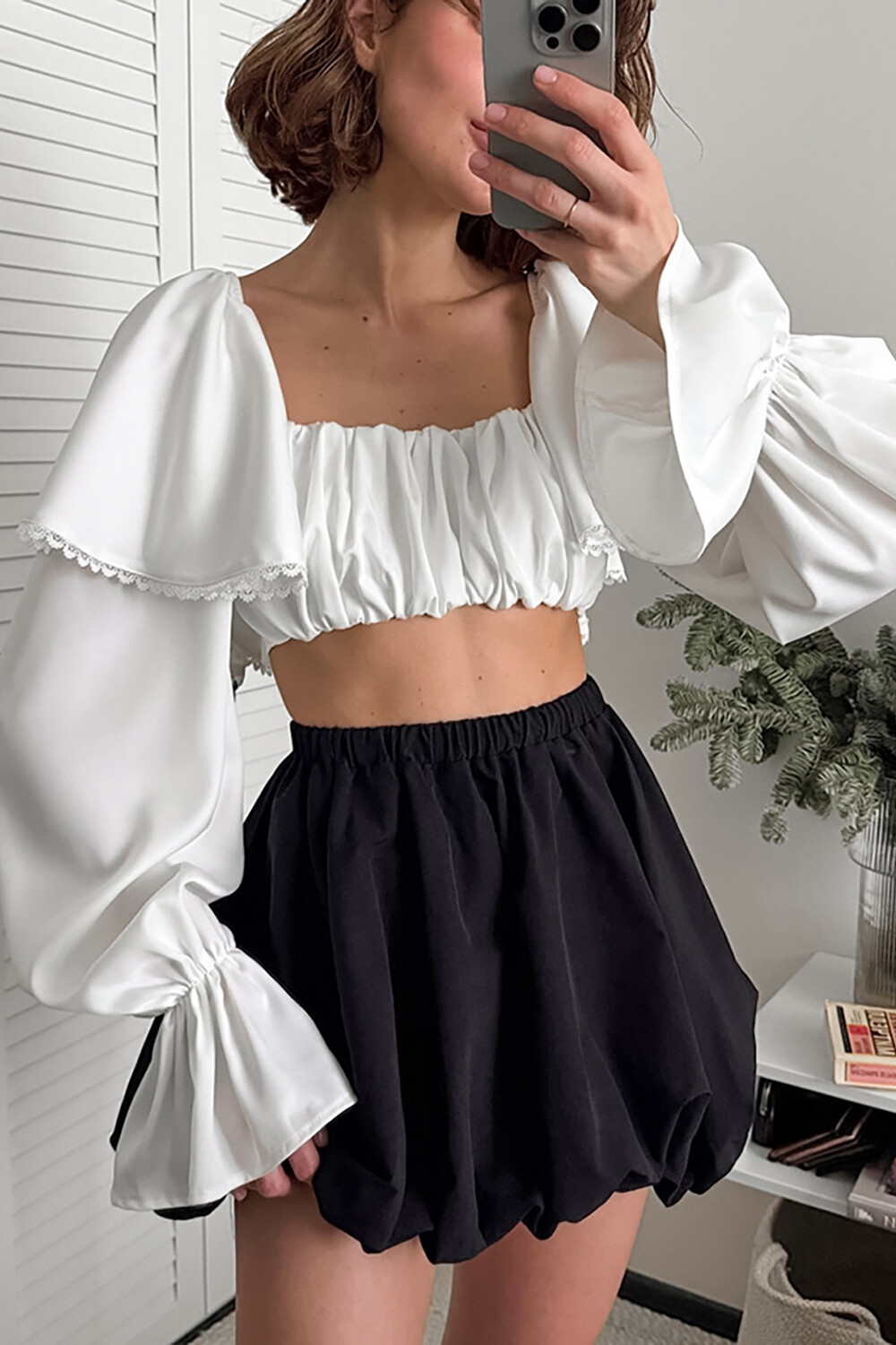 Ruffled Flare Sleeve Square Neck Solid Color Crop Top-White